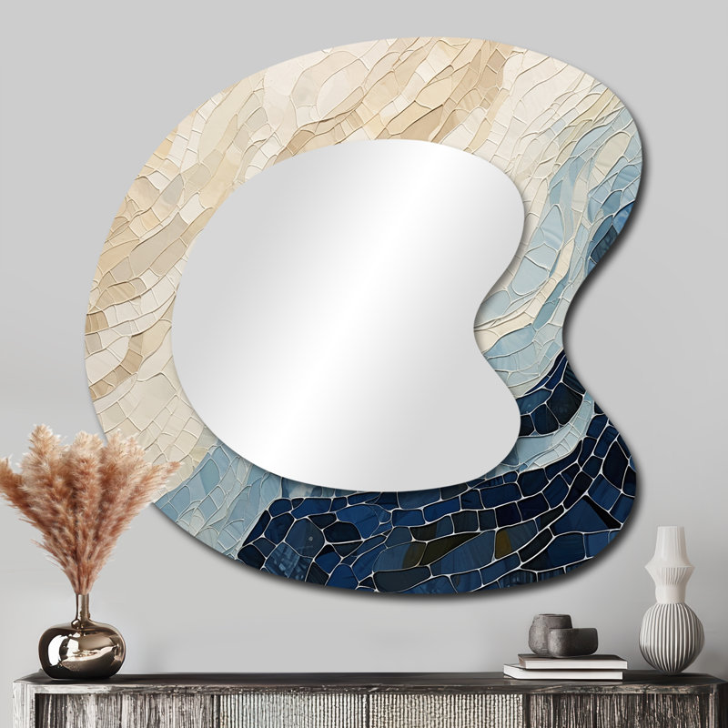 Abstrait abstrait vagues bleues - formes, miroir décoratif de forme unique, miroir mural asymétrique beige, impression d'art en métal