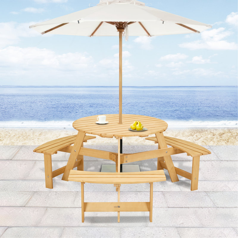 Outdoor 6 Person Picnic Table, 6 Person Round Picnic Table With 3 Built-In Benches, Umbrella Hole, Outside Table And Bench Set For Garden, Backyard, Porch, Patio