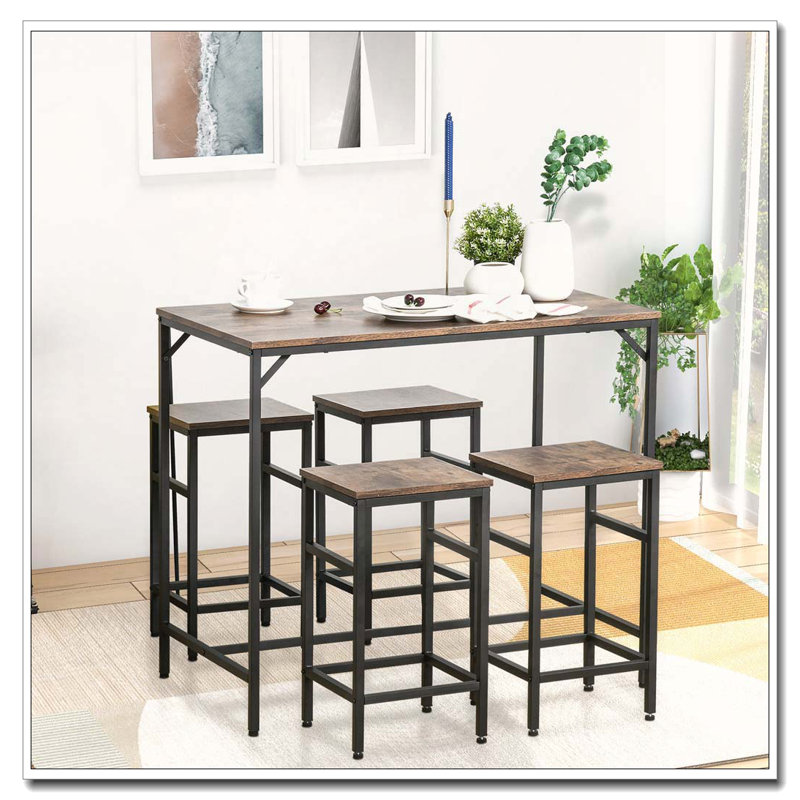 5-Piece Industrial Dining Table Set Bar Table & 4 Stools Set Space Saving for Pub & Kitchen