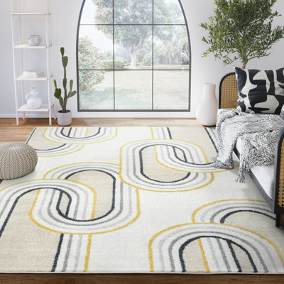 Tapis rectangulaire en polypropylène tissé à la machine à motif géométrique crème