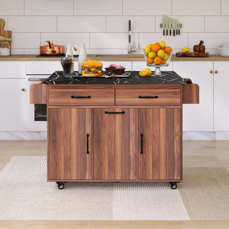 Chariot de cuisine 43,8 po à plateau rabattable avec armoire de rangement pour poubelle, porte-épices et porte-serviettes