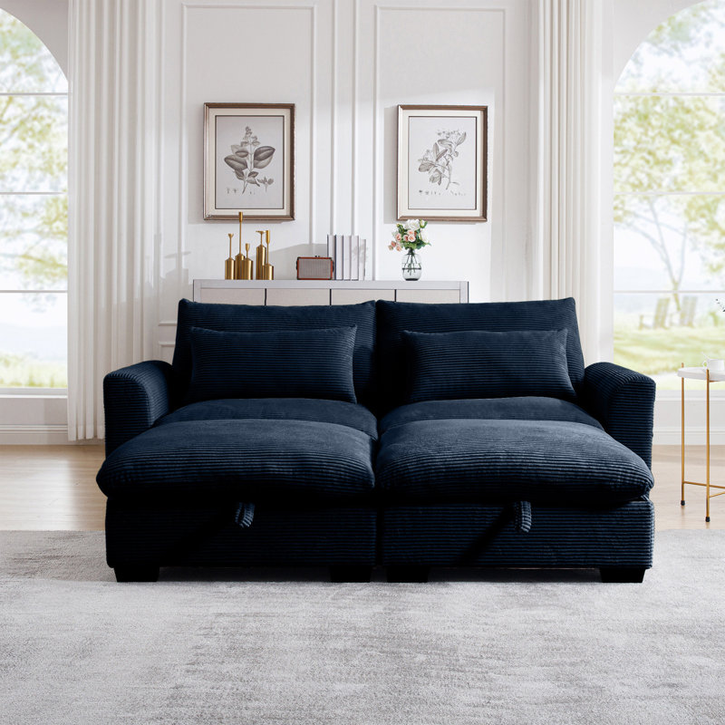 Canapé deux places avec 2 repose-pieds de rangement pour le salon, Velours côtelé bleu