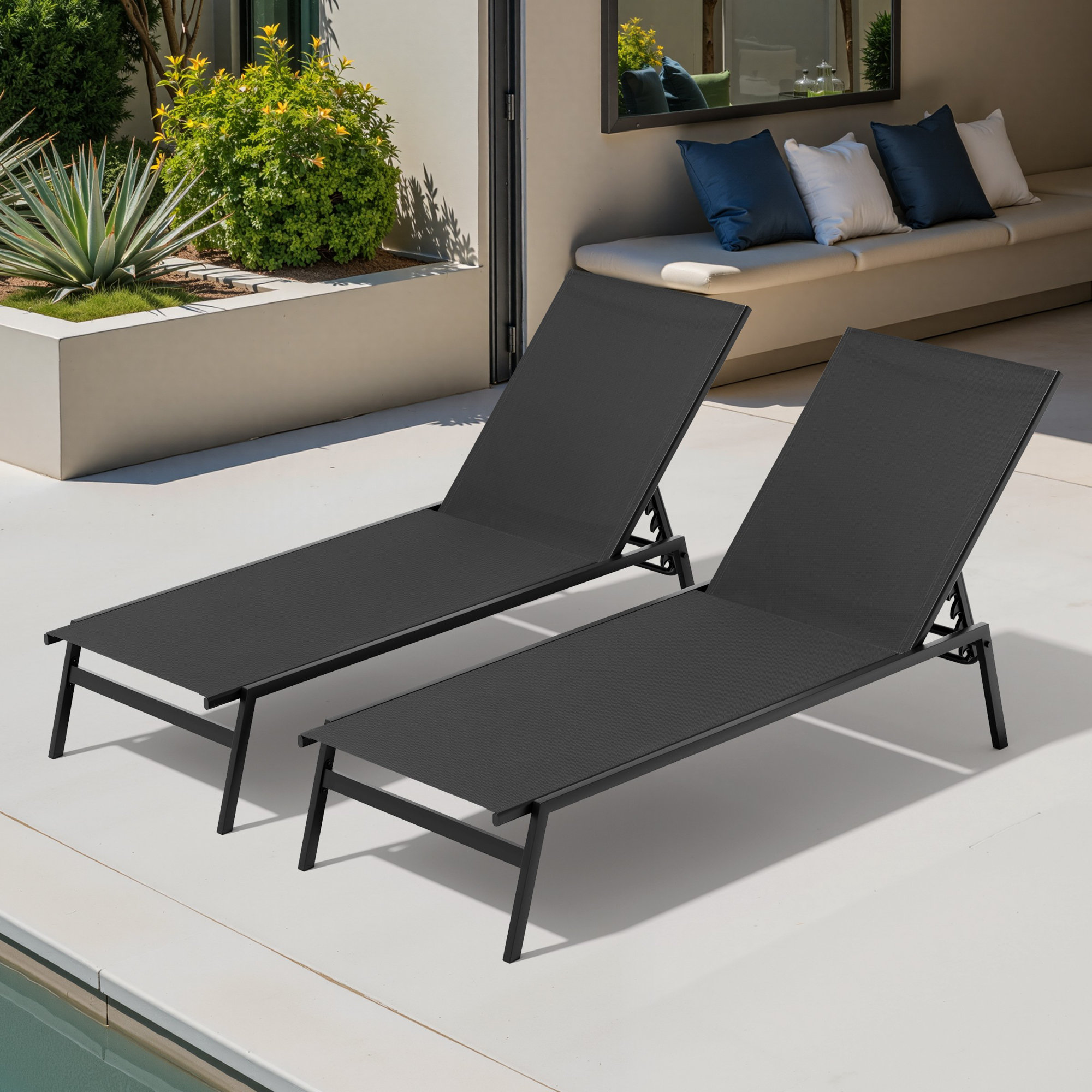  Blevens Metal Stackable Reclining Chaise and Lounge Chairs, Black/Black