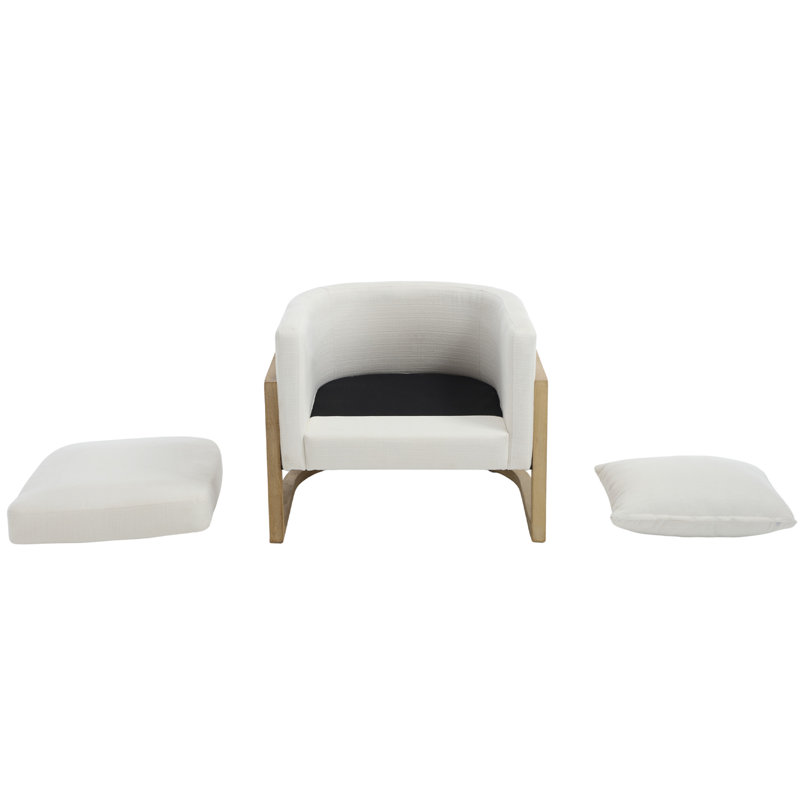 30.9" W Rattan and Wood Wide Armchair Upholstered Barrel Chair, Khaki Faux Fur Cushion/Natural Frame