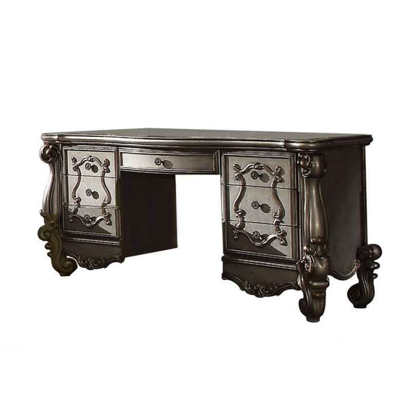 7 Drawers Wooden Vanity Desk With Metal Handle In Antique Platinum, Antique Platinum
