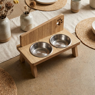 Mangeoire surélevée rustique en bois naturel avec deux bols (17 cm L x 33 cm P x 10 cm H)