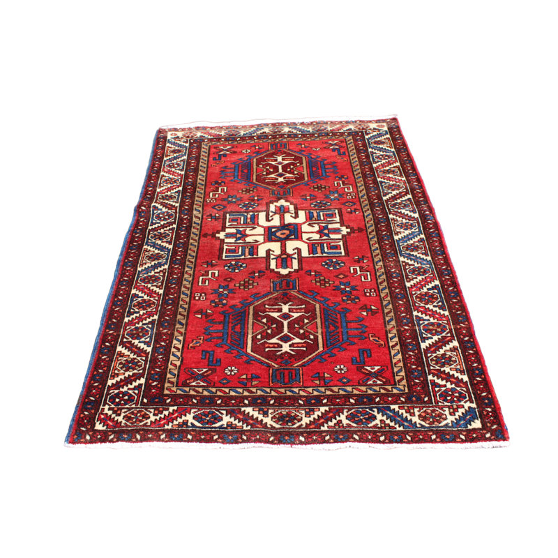 Tapis décoratif en laine rouge noué à la main de conception unique 3 pi 8 po x 5 pi 6 po Britza