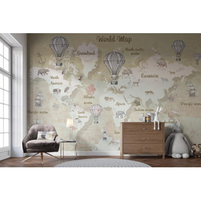 Kids World Map Animal Balloon Mural