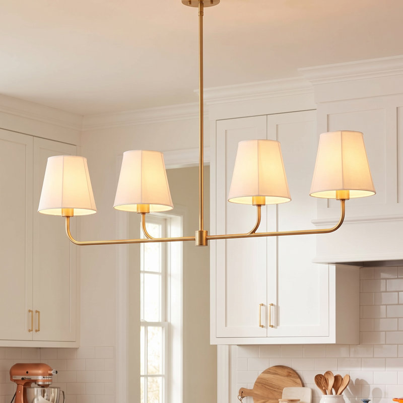 Lustre linéaire moderne à 4 lumières avec abat-jour en tissu blanc, Laiton