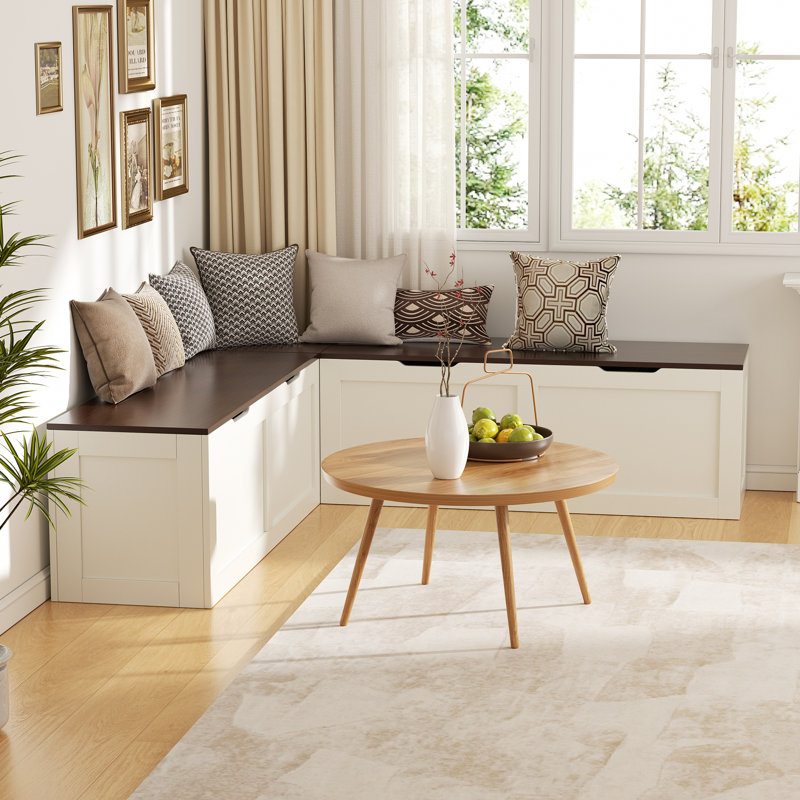 Élégant banc de rangement en L pour coin-repas de cuisine, Blanc / Brun foncé