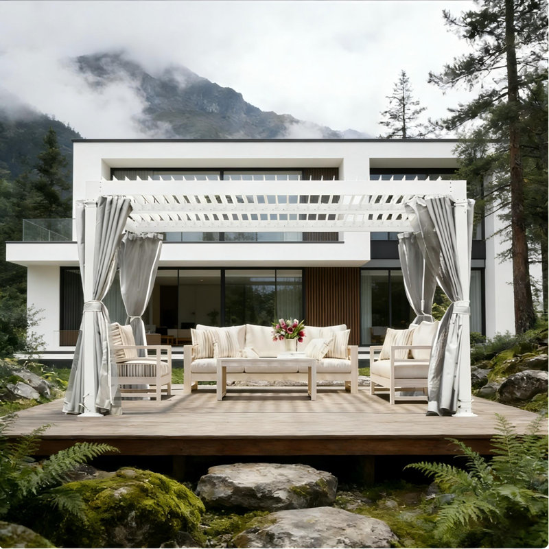 10 × 10ft Aluminum Louvered Pergola with Adjustable Roof, Privacy Curtains and Netting for Patio, Deck, Garden, Yard and Beach
