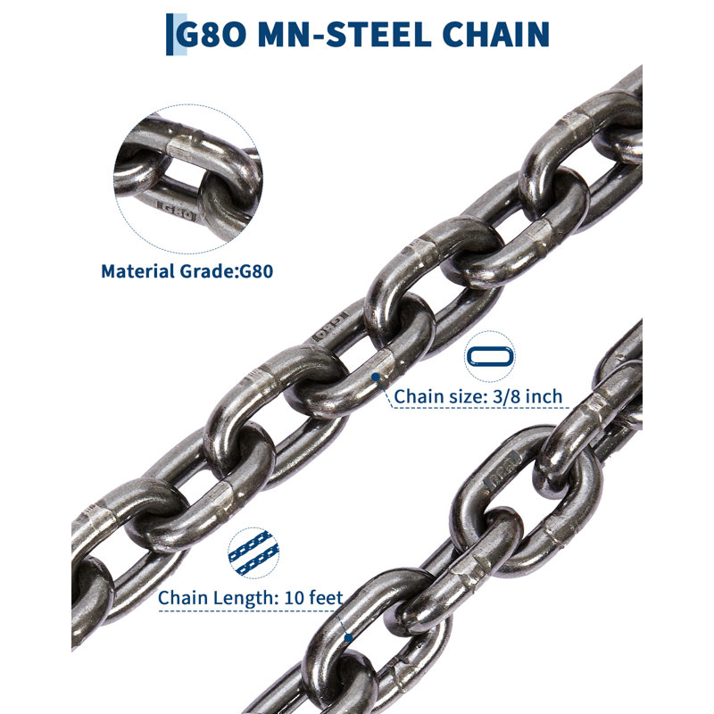 Élingue à chaîne de 3/8 po x 10 pi avec crochets, chaîne de levage robuste de 11 000 lb / 5 tonnes avec 4 crochets à griffes et longueur réglable pour un usage industriel, industriel et moteur