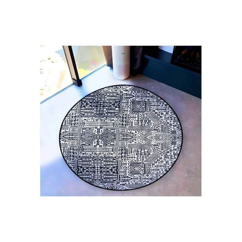Black And White Abstract Shapes Detailed Woven Base Modern Decorative Carpet, Round 3'4"