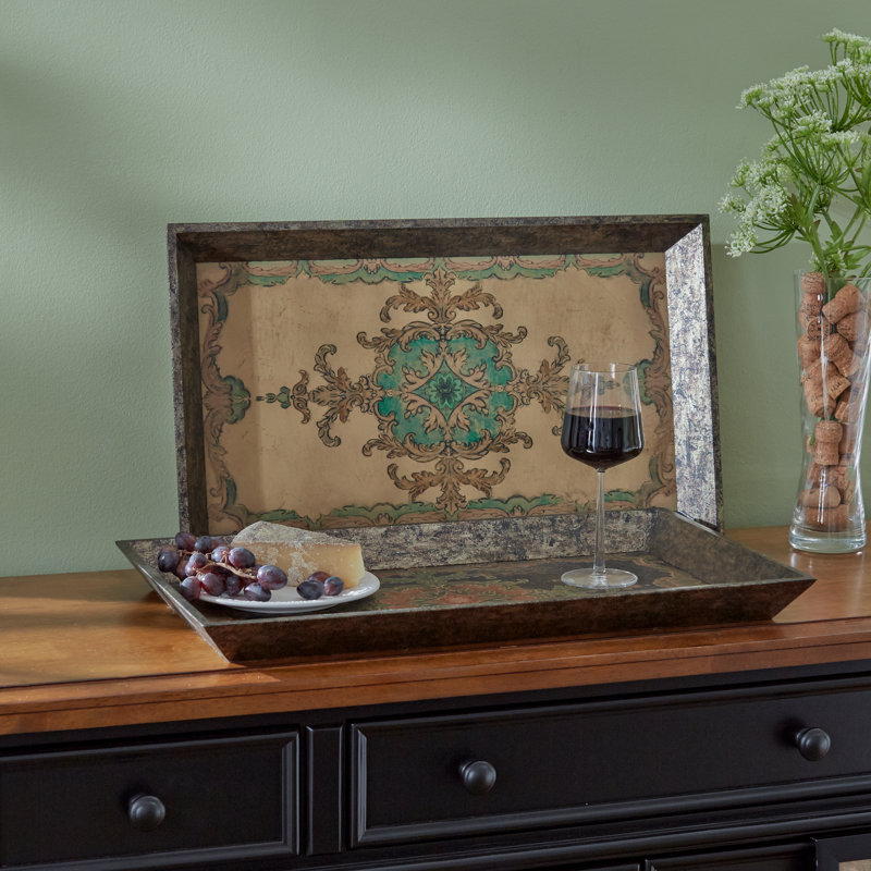 Set of 2 Decorative Wooden Trays with Mediterranean-Inspired Paper Inlay Patterns