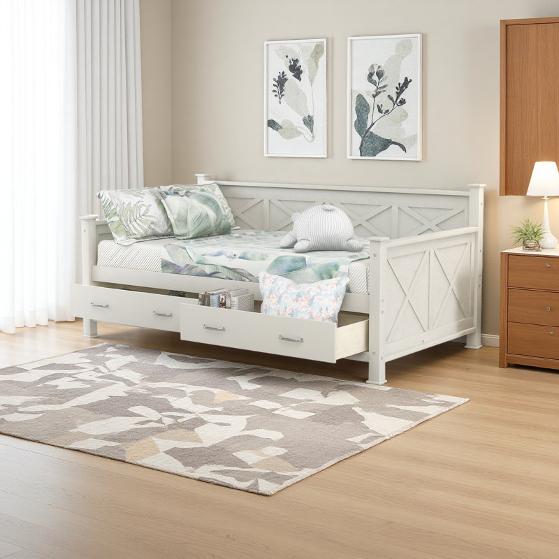 Twin Size Wooden Modern And Rustic Casual Style Daybed, Cream White