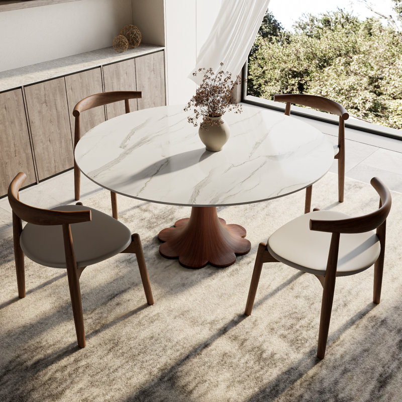 Table de salle à manger ronde ronde en pierre avec base en bois massif pour 4 à 10 personnes, Brun, Neige