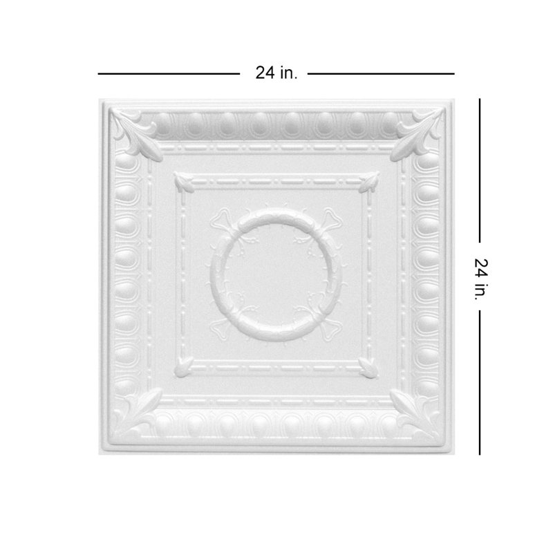 Tuile de plafond en polystyrène à collage romane 1,6 pi x 1,6 pi Romanesque Wreath, Blanc ultra pur