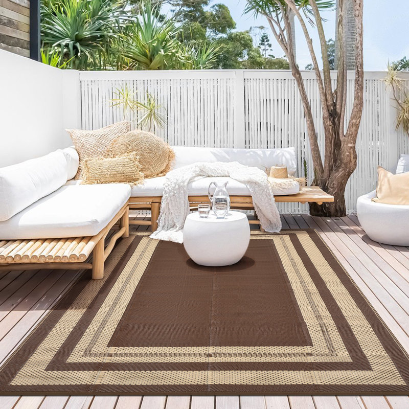 Tapis de paille en plastique à bordure bordée pour l'extérieur, Coffee/Brown, Rectangle de 10 pi x 14 pi
