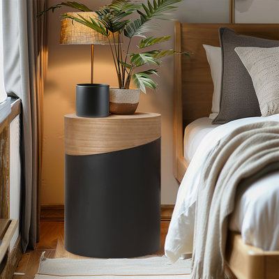 Lameen Natural Wood and Metal Round Drum End Table