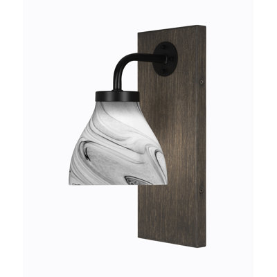 Oxbridge Wall Sconce Shown In Matte Black & Painted Distressed Wood-look Metal Finish With 6.25" Onyx Swirl Glass