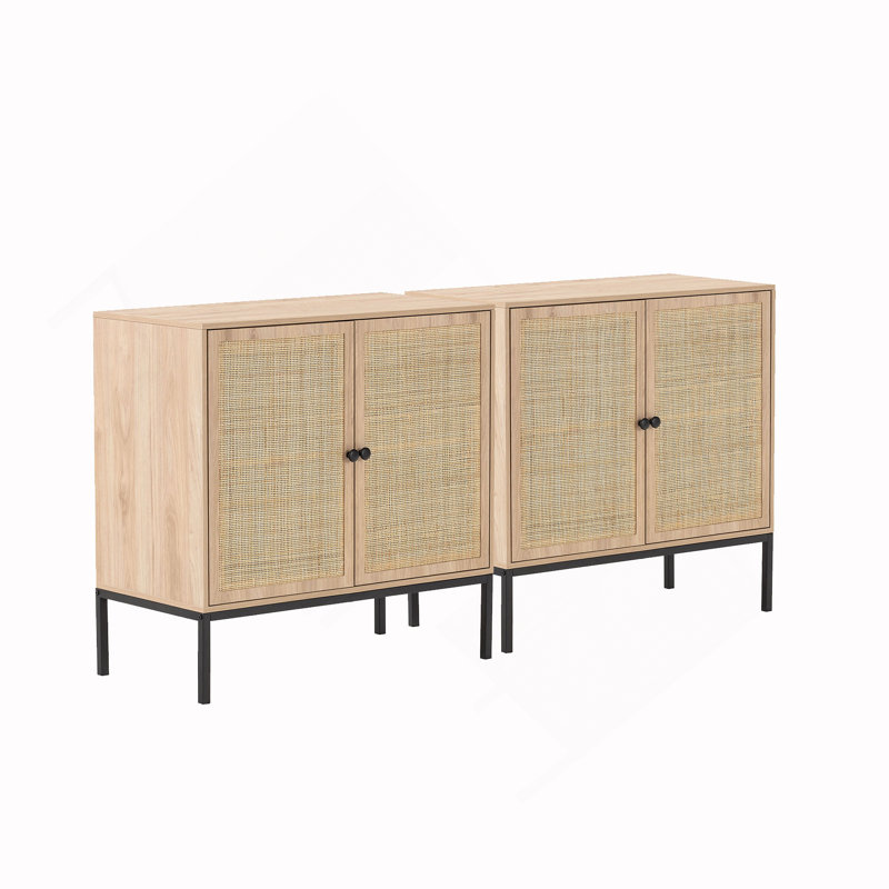 Set of 2 Rolland A Console Table Side Table with Rattan Door