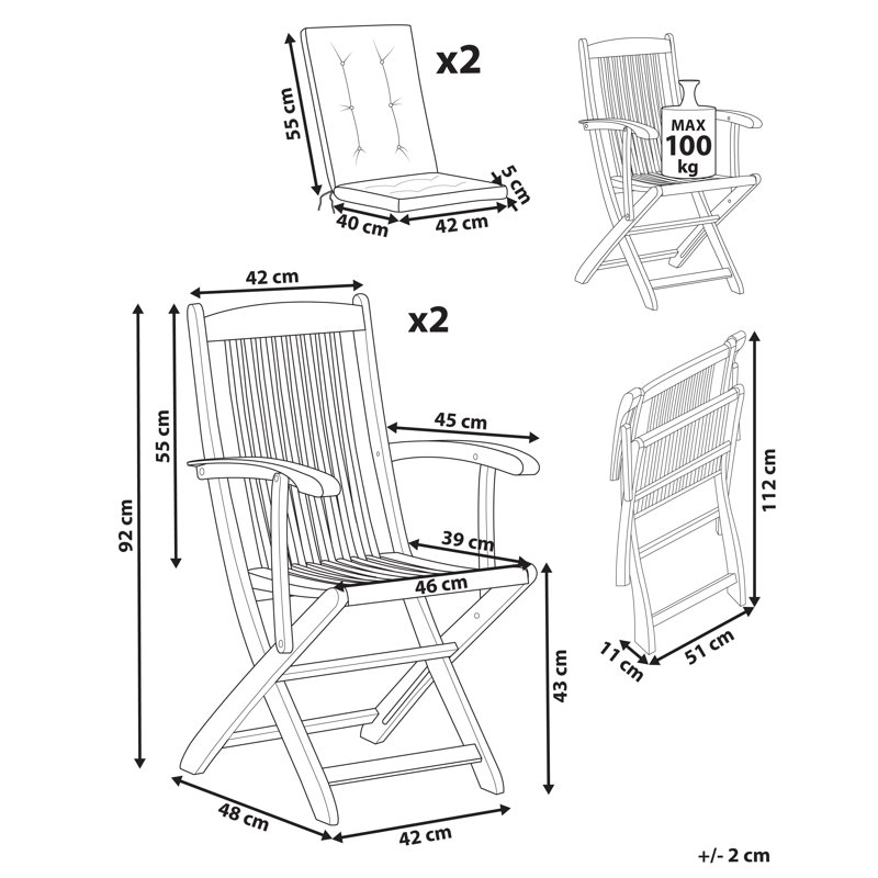Set of 2 Garden Chairs with Cushions MAUI PREMIUM Acacia Wood, Light Grey