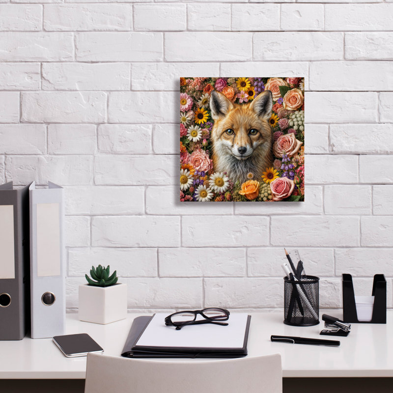 «Fox entouré de fleurs» par Rey Klimt, art mural sur toile, H 12 po x l 12 po