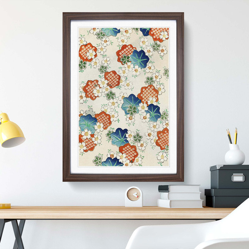 Floral Design by Watanabe Seitei - Picture Frame Painting Print, Walnut Framed, 48cm H x 36cm W x 2cm D