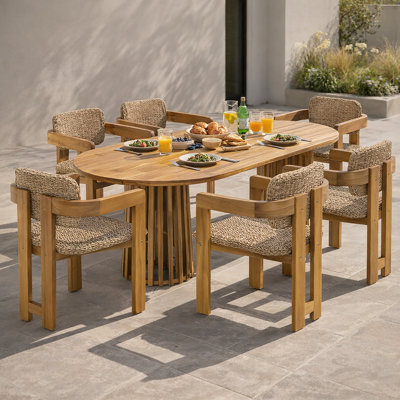 Coralia Outdoor 6-Person Acacia Wood Dining Set With Handwoven Rattan