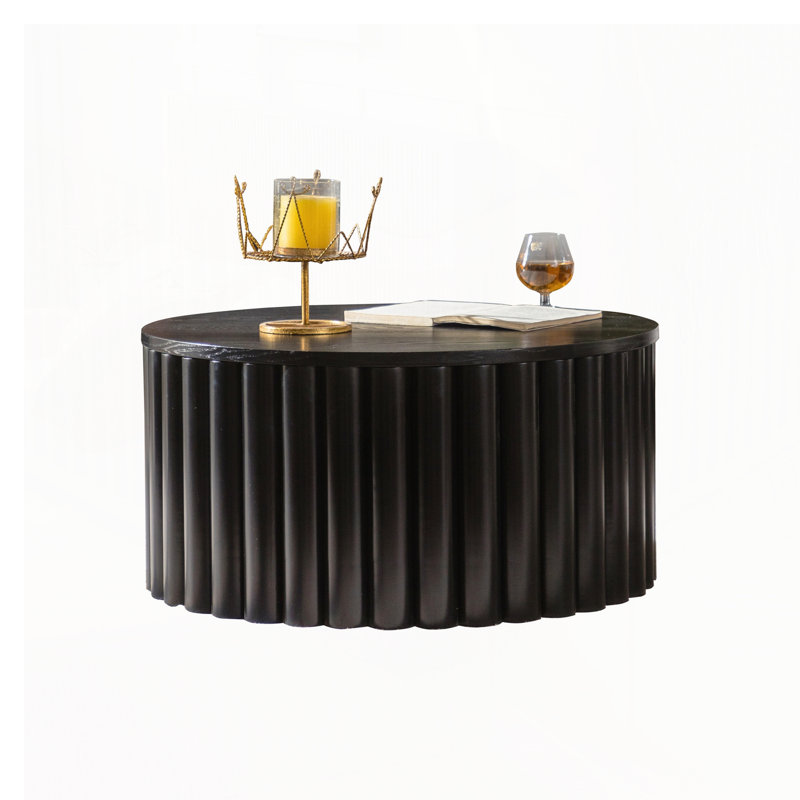Round Lift-Top Coffee Table with Handcrafted Relief and Sturdy Pedestal for Living Room, No Assembly Required, Black