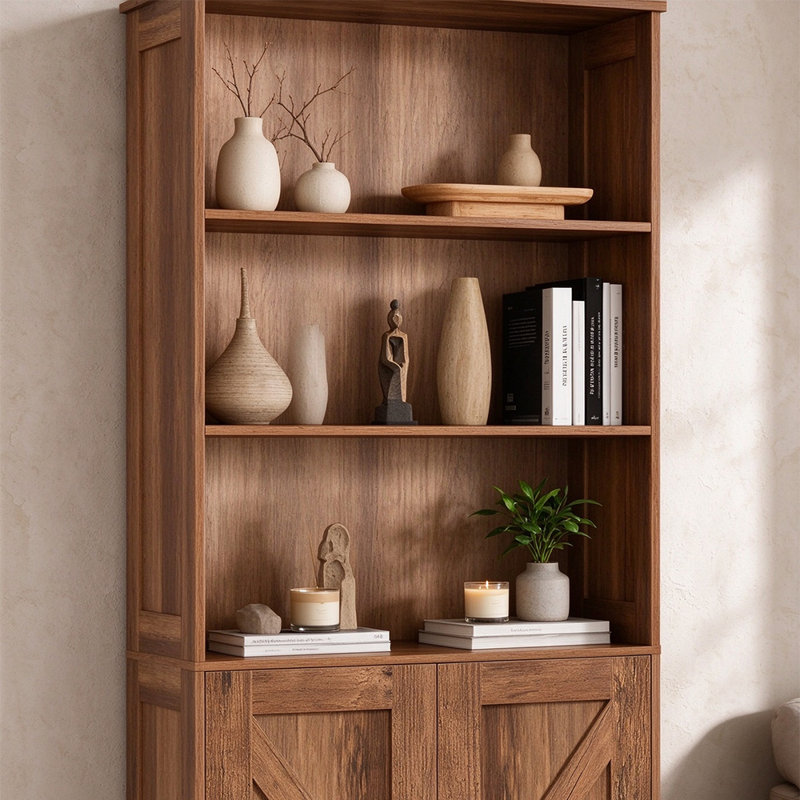 Freestanding Farmhouse Bookshelf with Doors & Adjustable Shelves for Living Room, Study, Bedroom and Bathroom, rustic walnut