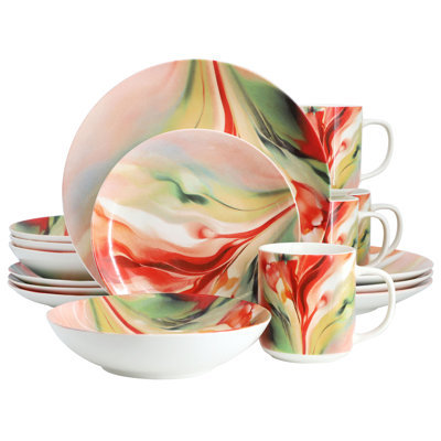Service de table rond en porcelaine à motif floral 16 pièces Lodalen