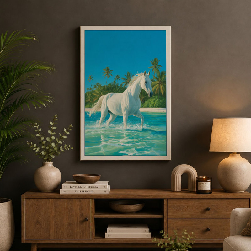 Horse in Turquoise Waters Tropical - Wrapped Canvas, 30x20 - 76.2 x 50.8 cm, Terracotta Border