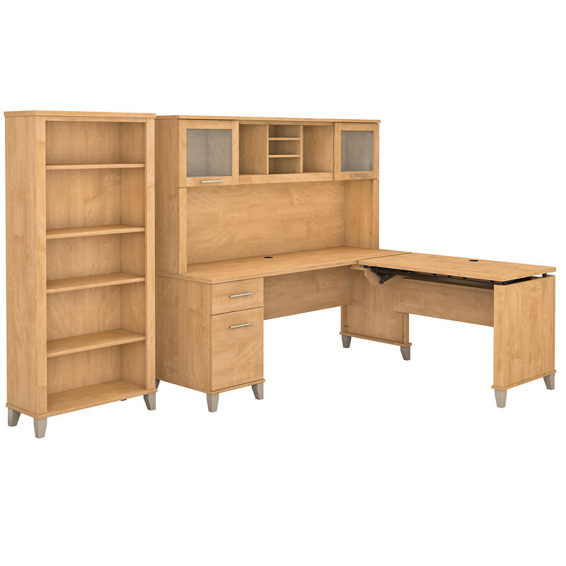 Magomed 72W 3 Position Sit to Stand L Shaped Desk with Hutch and Bookcase, Maple Cross
