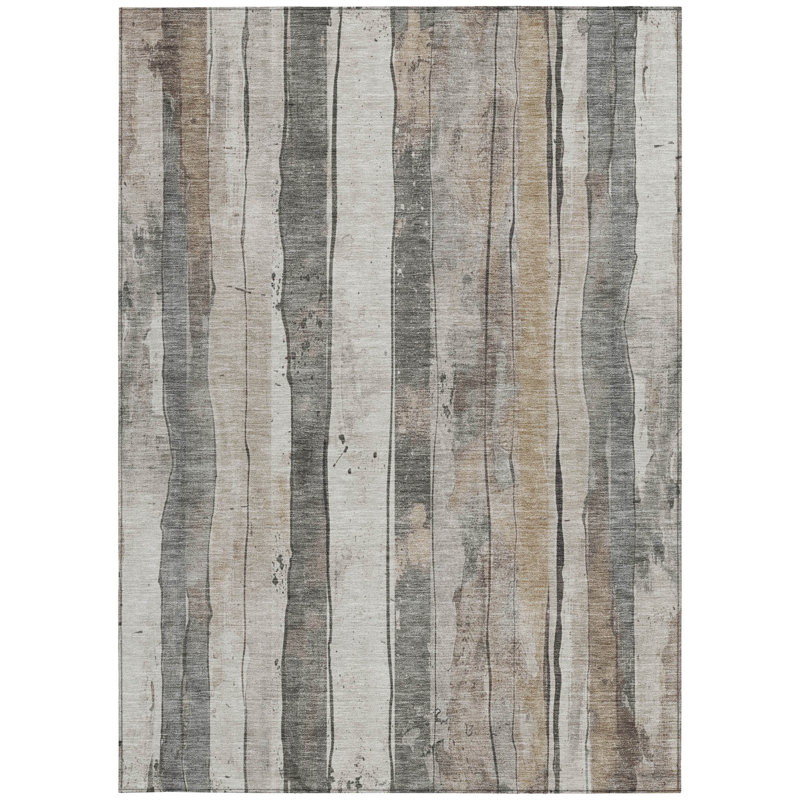 3' X 5' Beige And Gray Striped Washable Indoor Outdoor Area Rug