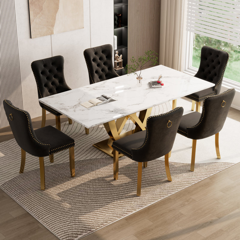 70" Faux Marble Dining Table Set for 6, with 6 Upholstered Chairs, Black, Gold