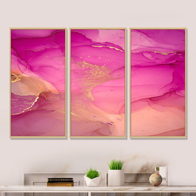 Ensemble abstrait d'art mural en toile abstraite, nuage d'encre rose doré - nuages d'encre rose et or, Encadrement brun