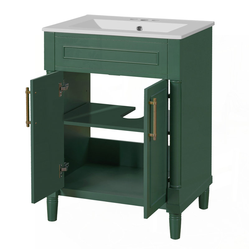 Meuble-lavabo élégant avec lavabo en céramique intégré et grand espace de rangement, Vert