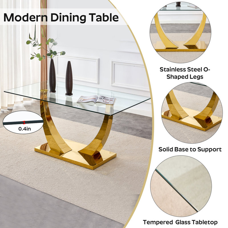 7 - Piece Rectangle Glass Pedestal Dining Set, Gold, Black/Gold