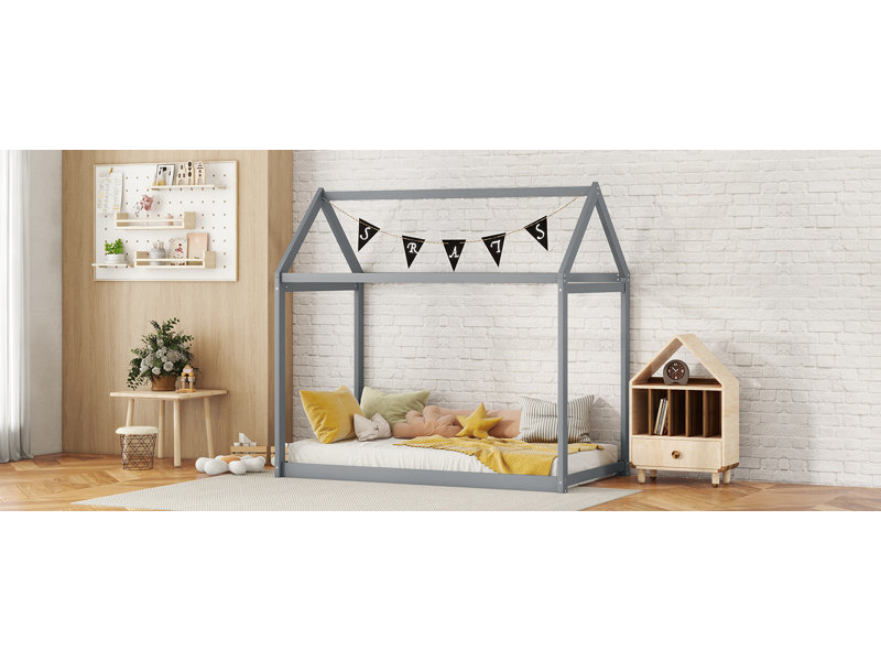 Twin Size Wooden House Bed, Gray, Gray