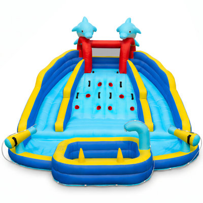 Outfunny Inflatable Water Slide, Bounce House Water Park for Kids Ages 3-12, Backyard Water Fun w/ Dual Slides, Blower 750W-Blue