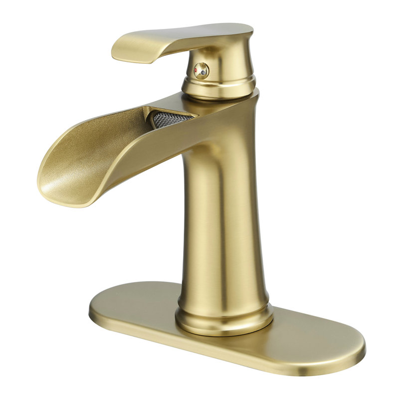 Modern Bathroom Tap, Brushed Gold, Waterfall Flow, Deck-Mounted, Single Hole Faucet Gold Cartridge Valve, Side, Brushed Gold