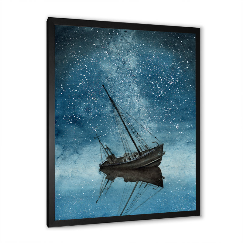 «Ship with a Night Sky Strewn», reproduction sur toile, H 32 po x l 16 po, Cadre noir