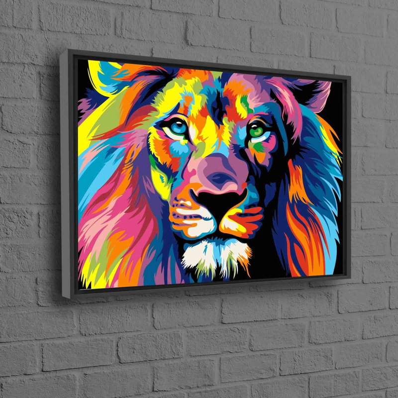 Art abstrait coloré sur toile Lion, H 41 po x l 94 po, Cadre flottant noir