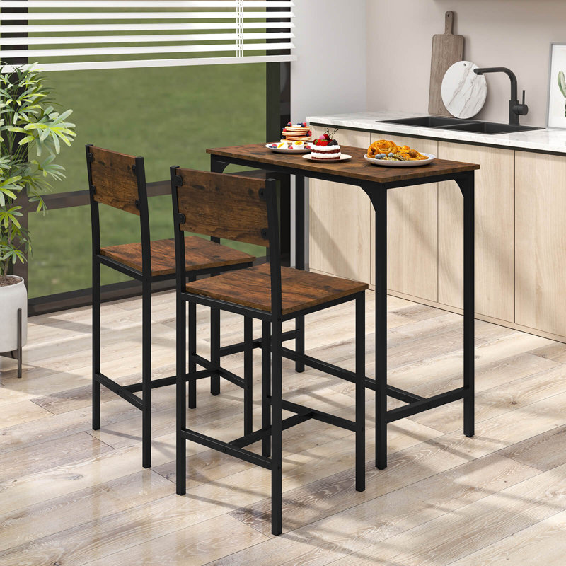 Ensemble de 3 tables de bar et 2 tabourets de bar avec dossier et repose-pieds brun