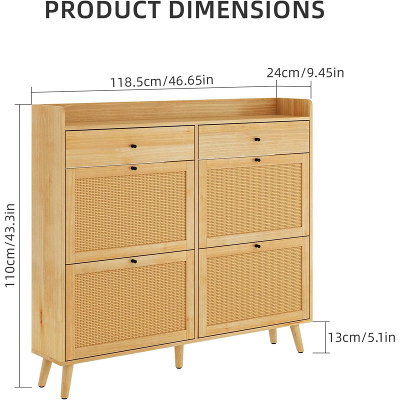 Shoe Cabinet, Rattan Shoe Rack Cabinet with 4 Flip Drawers & 2 Drawers, Wood Shoe Storage Organizer