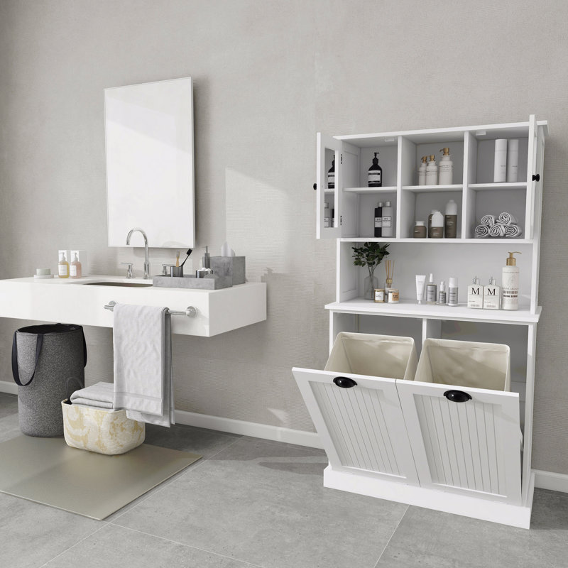 Tall Bathroom Cabinet With Two-Compartment Tilt-Out Dirty Laundry Basket - 2 Adjustable Shelves, White