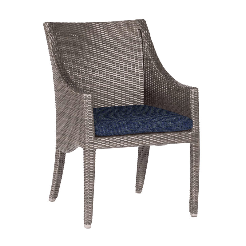 Athena Wicker/Rattan Patio Dining Armchair, No Welt, Oyster, Intermix Indigo