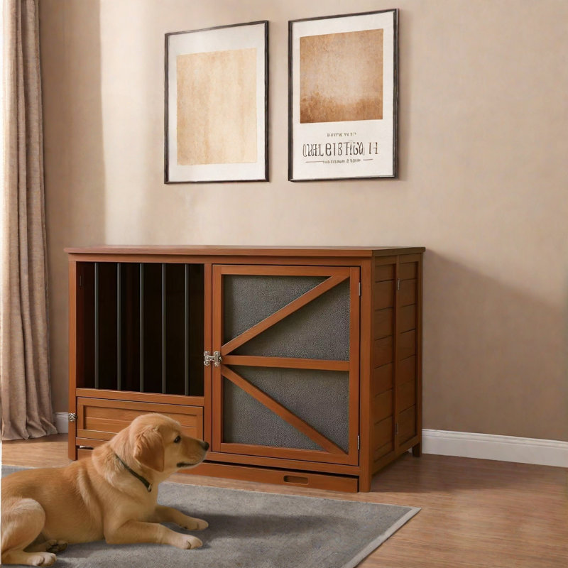Meuble de caisse pliable en bois pour chien avec mangeoire rotative à 360 ° et plateau amovible