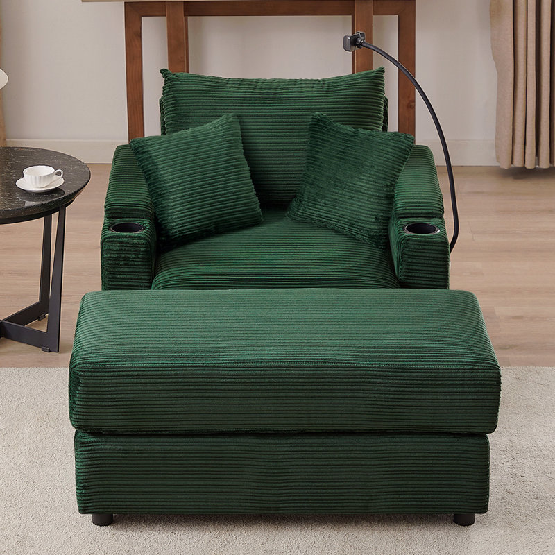 Fauteuil d'appoint en velours côtelé 41,7 po avec repose-pieds, chargeur USB et rangement - vert, Velours côtelé vert